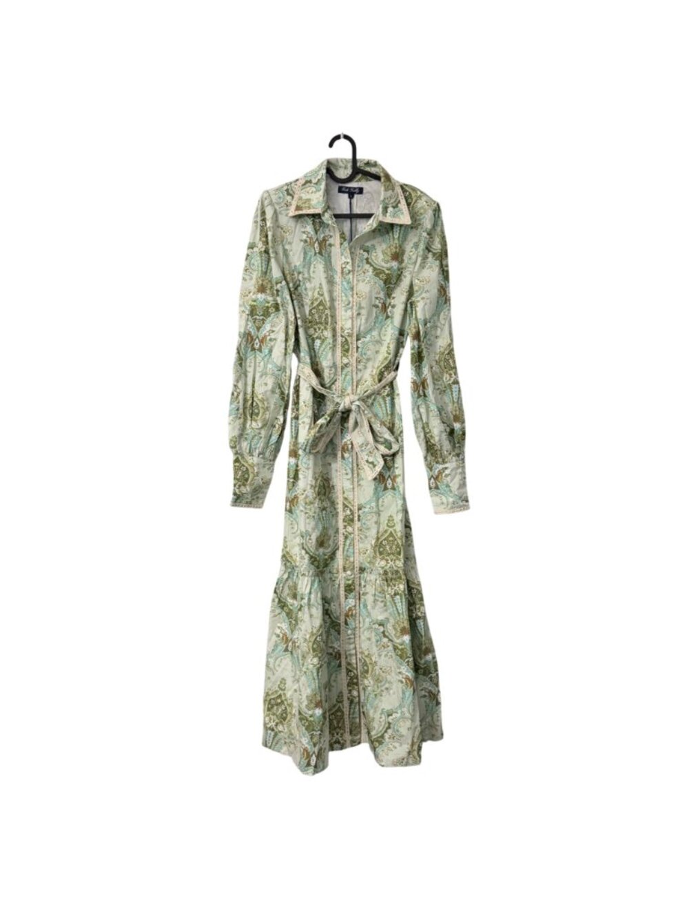 NEW Trish Scully Green Paisley Belted Long Sleeve Maxi Shirt Dress Womens Large - Picture 2 of 9